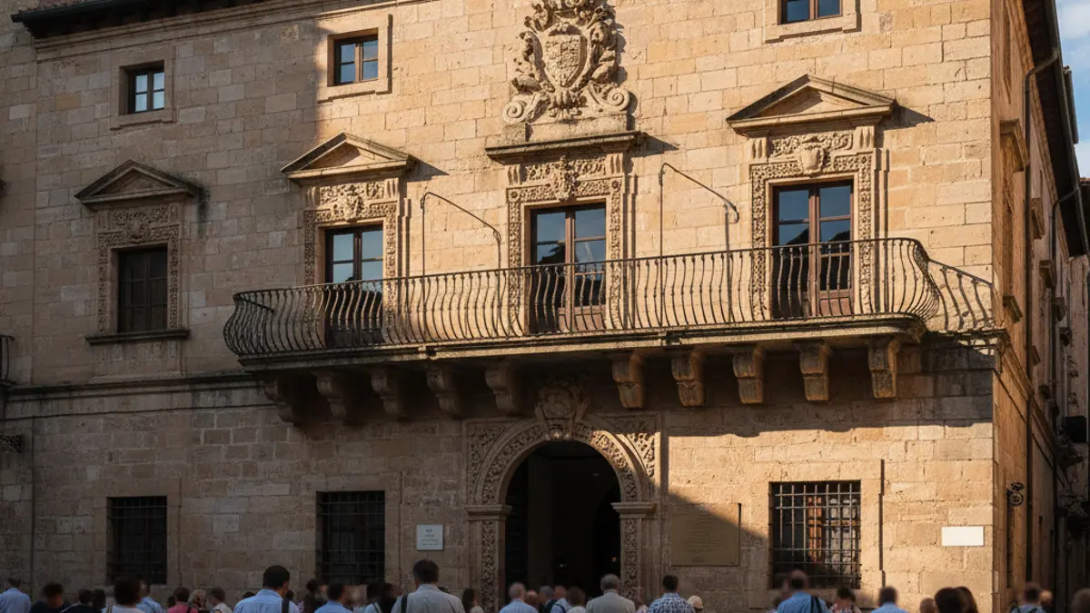 Facade of Madrid City Hall with balconies and wrought iron railings under sunlight.