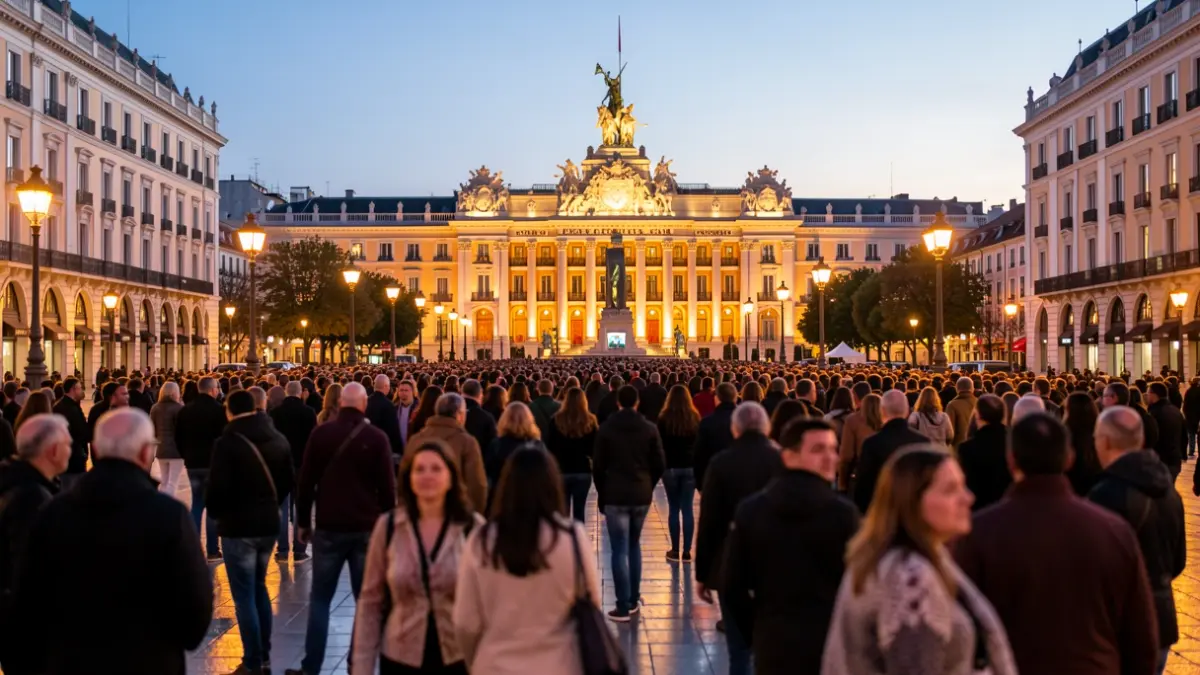 Imagen genérica de la Plaza de Cibeles en Madrid durante un evento multitudinario con el Palacio de Cibeles iluminado al atardecer.