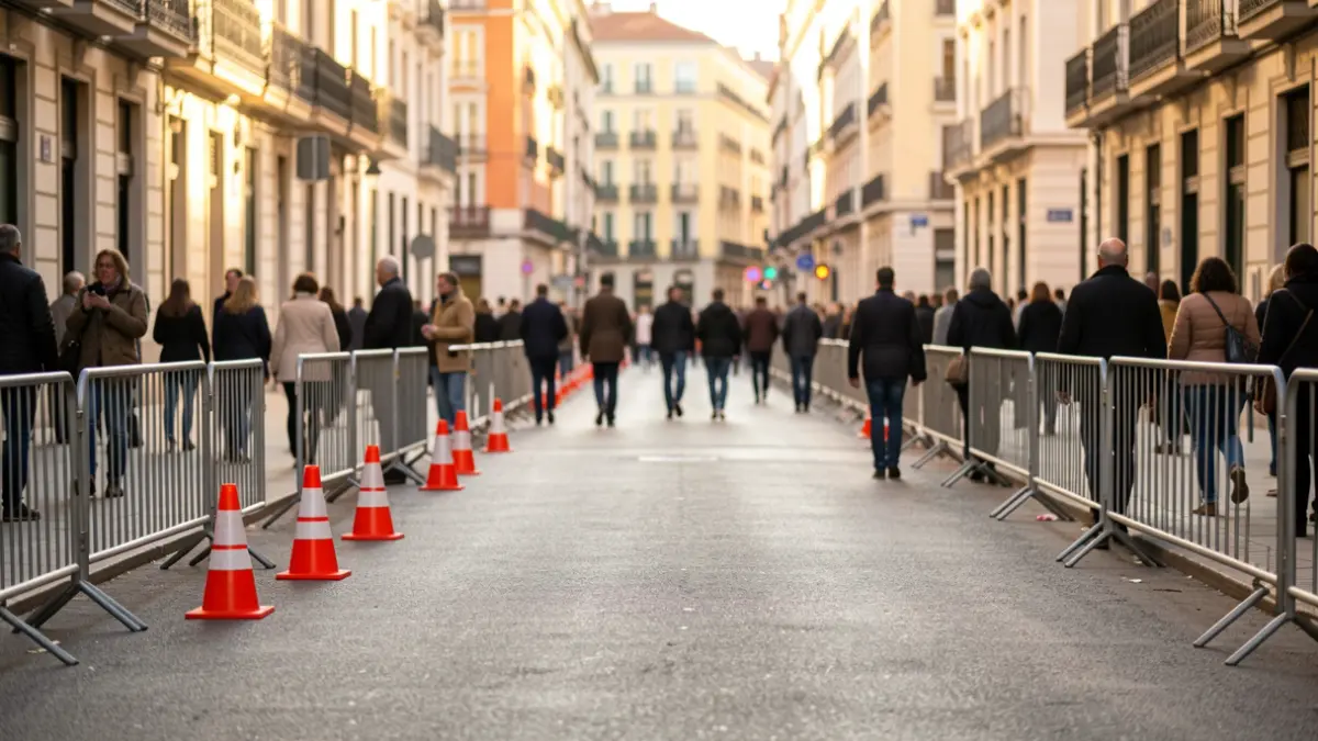 Imagen de barreras de tráfico y señalización urbana en una calle de Madrid.