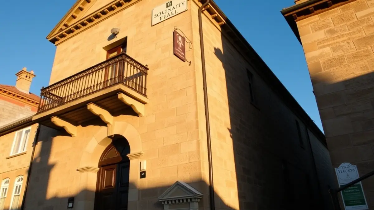 Facade of a town hall with a balcony and iron railings, under the afternoon sun.