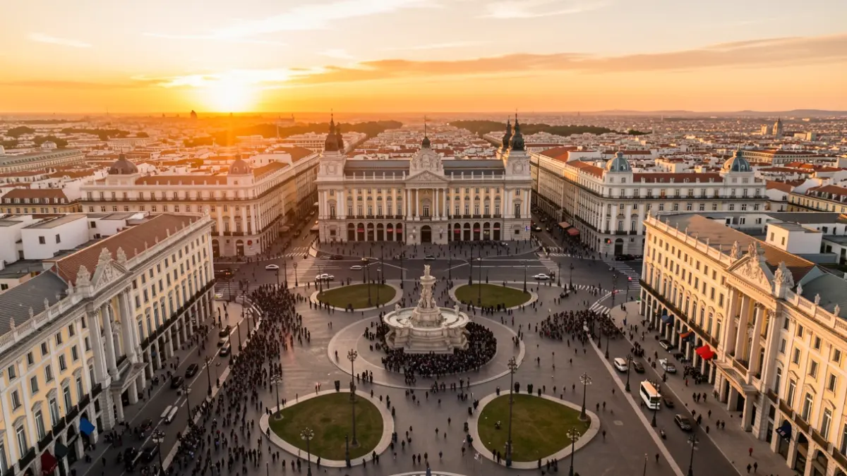 Vista aérea de la Plaza de Cibeles en Madrid durante el atardecer.