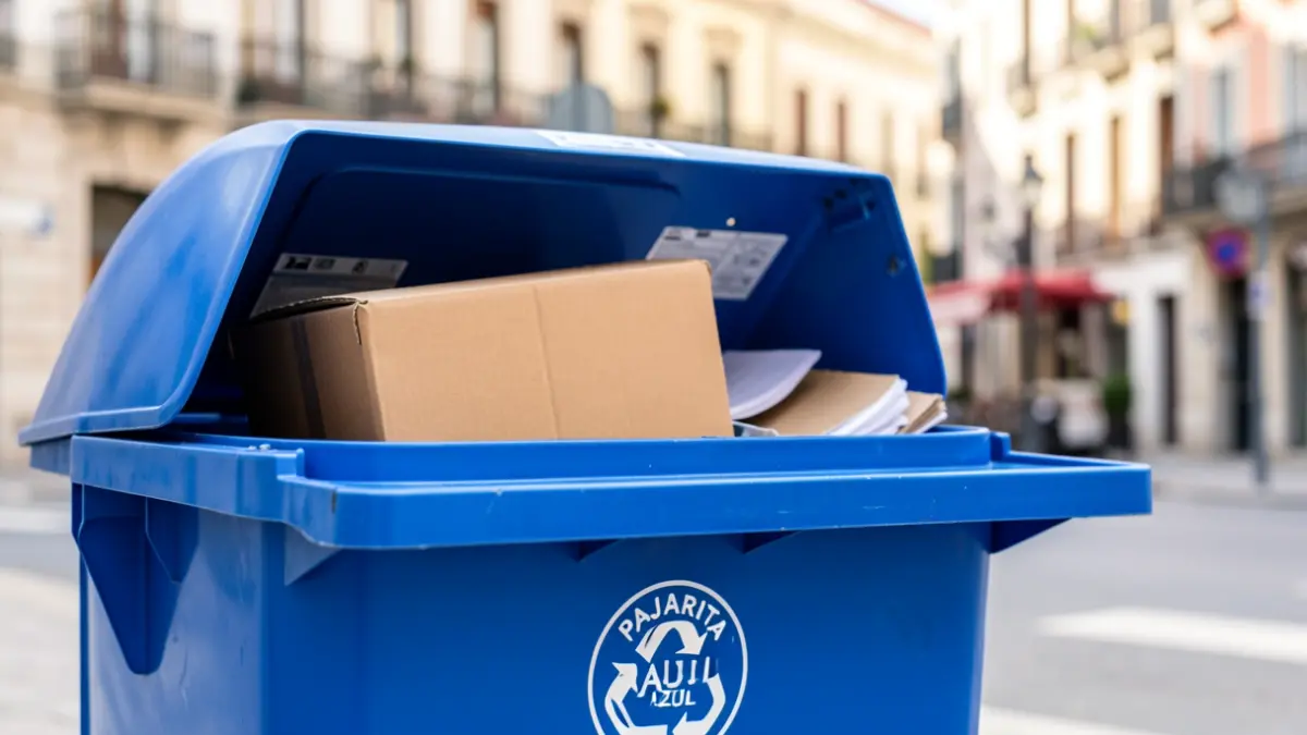 Blue recycling bin for paper and cardboard with the Pajarita Azul award in Madrid.