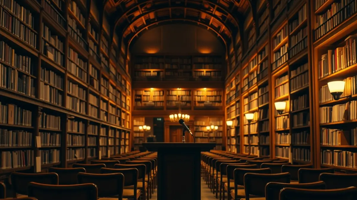 Imagen genérica de una biblioteca antigua con un atril y sillas, evocando un ambiente literario.