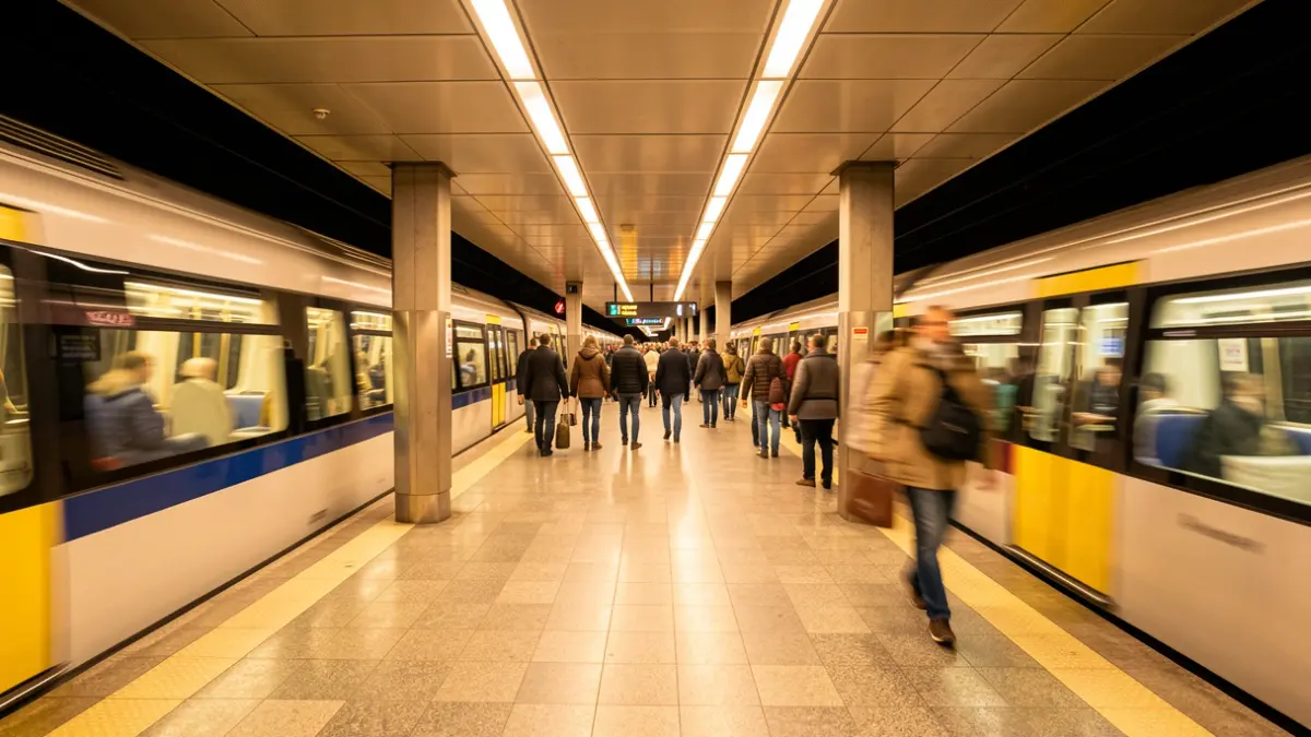 Image of a Madrid Metro station with train movement.