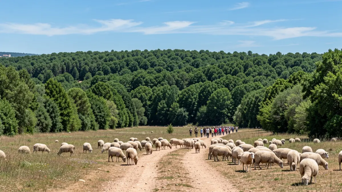 Imagen de un extenso terreno forestal en la Comunidad de Madrid con ovejas pastando como medida de prevención de incendios.