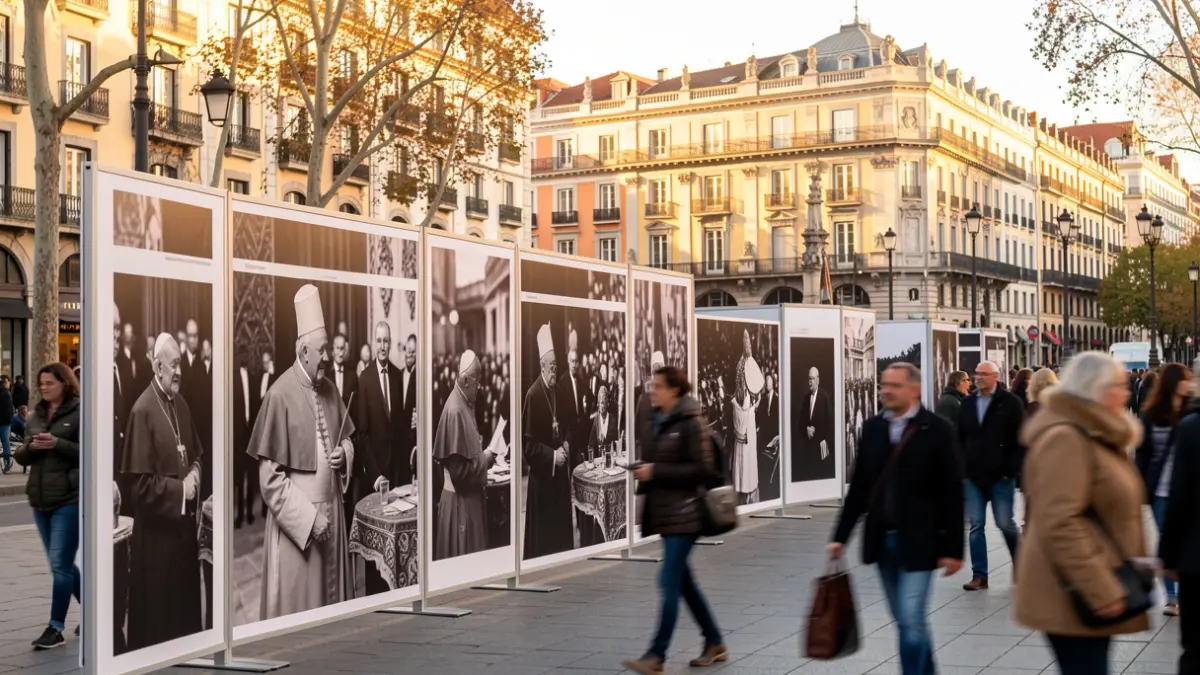 Exposición fotográfica en el Paseo de Recoletos de Madrid sobre visitas papales.
