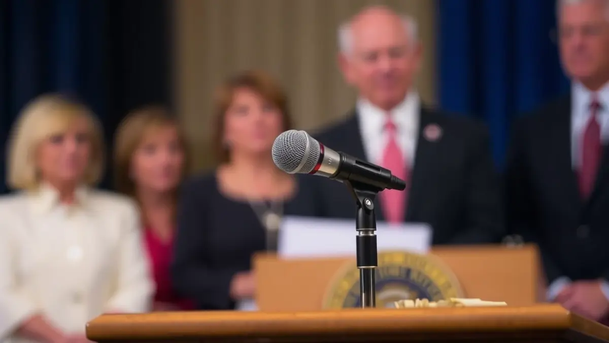 Generic image of a microphone on a podium during a political event.