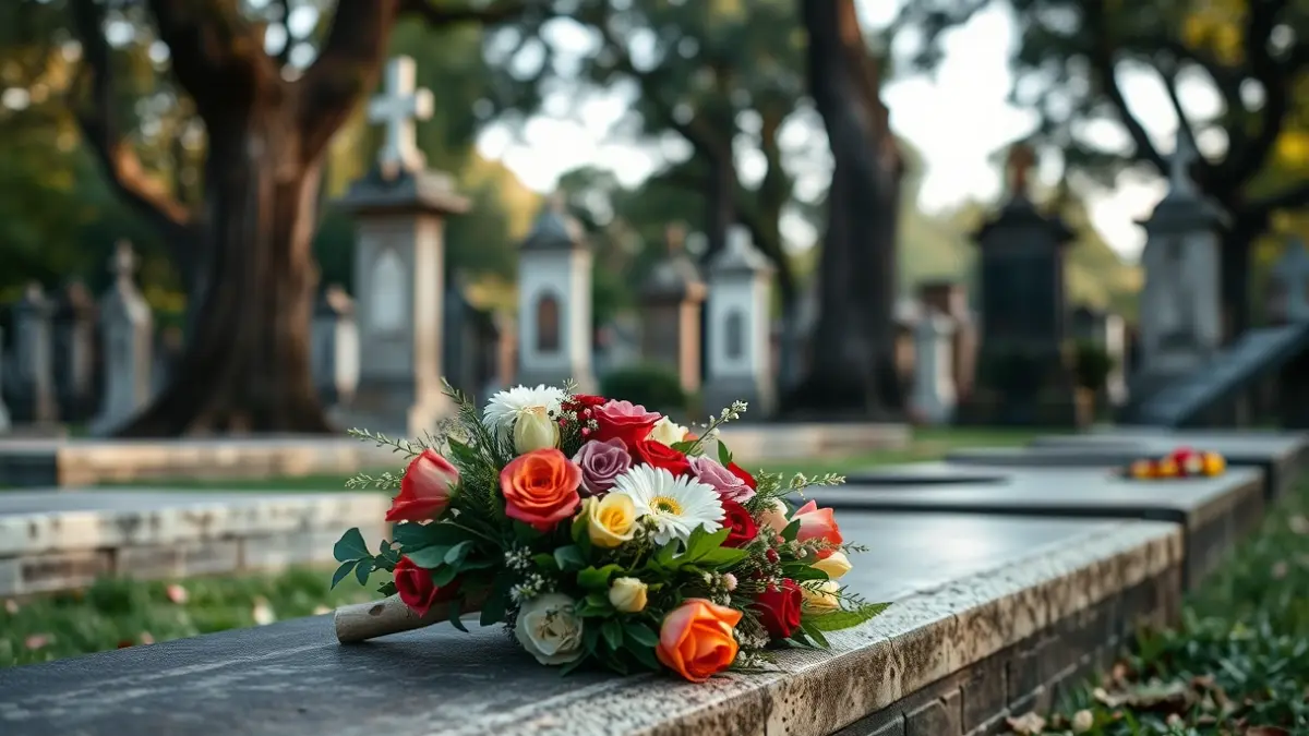 Floral offering at La Florida Cemetery in Madrid.