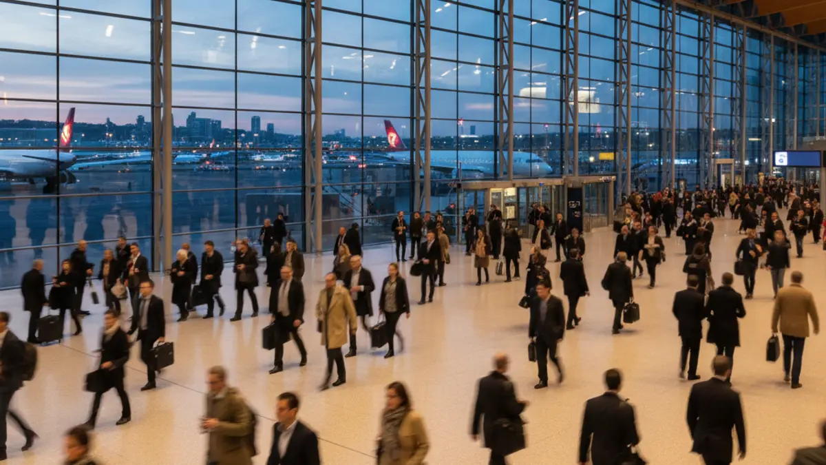 Generic image of a modern airport with travelers and airplanes.