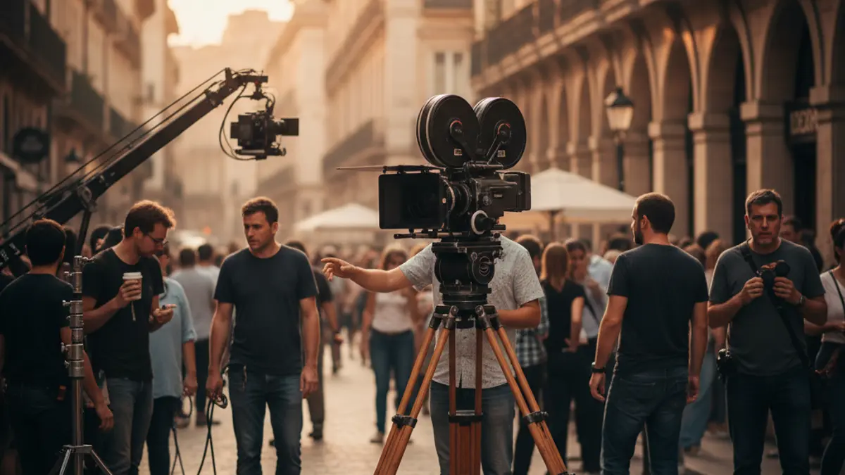 Image of a film camera on a city street, with blurred historic buildings in the background, representing filming activity in Madrid.