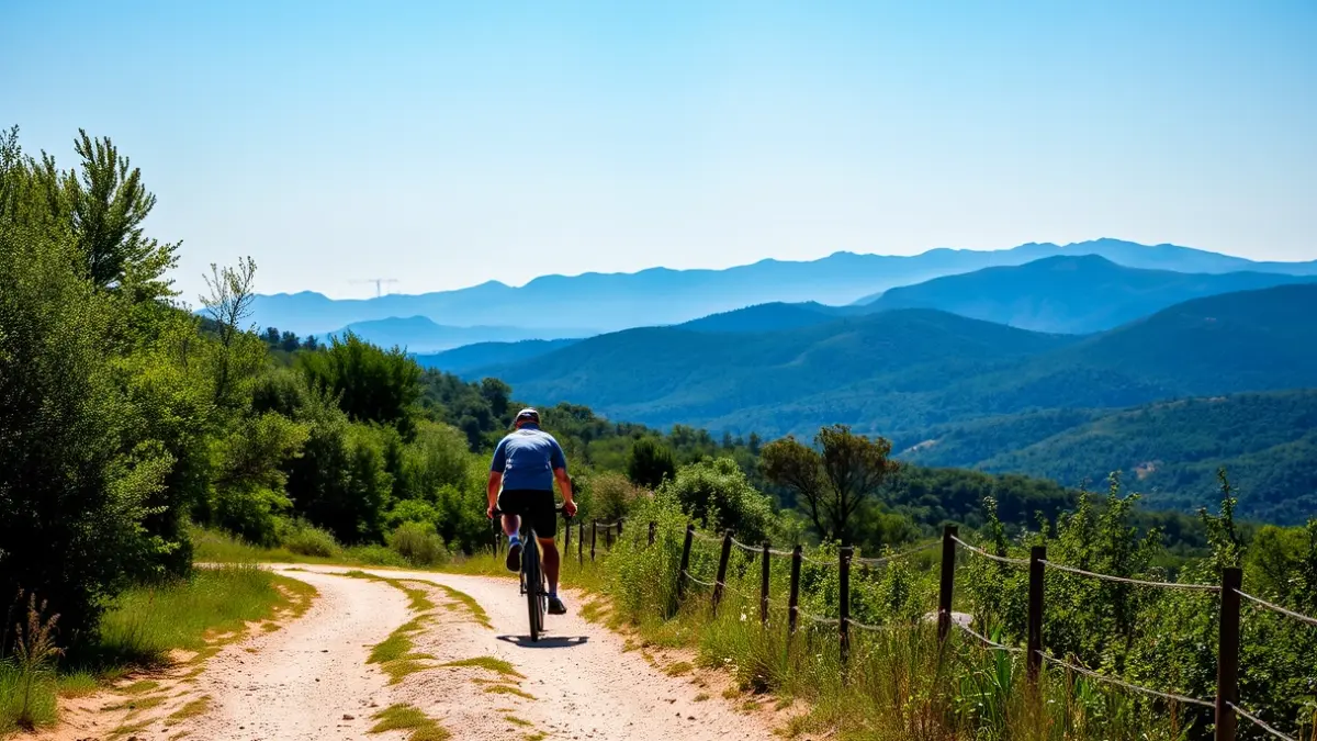 Image of a cyclist on a rural route in the Sierra de Guadarrama.