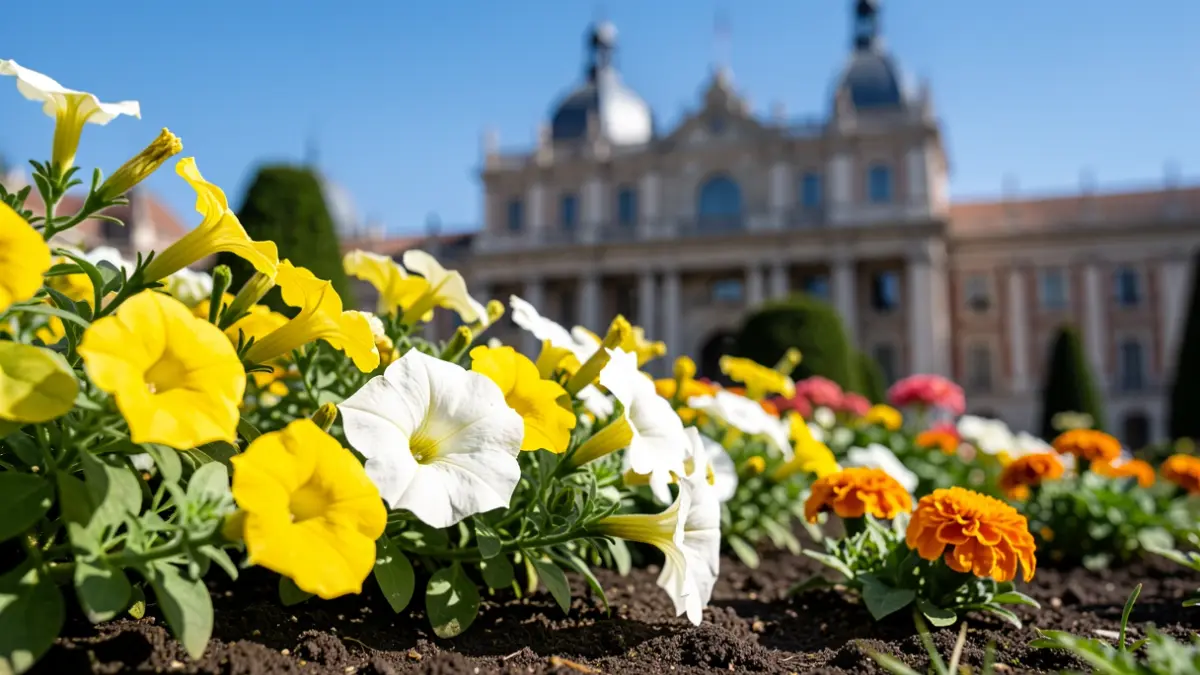 Generic image of yellow and white flowers being planted in an urban garden.