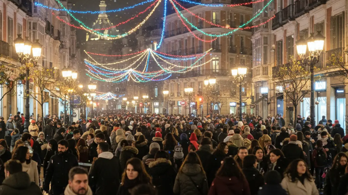 Image of the San Isidro festivities in Madrid, with people enjoying and festive lights.
