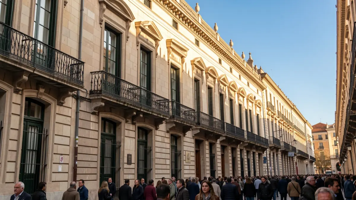 Fachada histórica en Madrid preparada para un evento oficial.