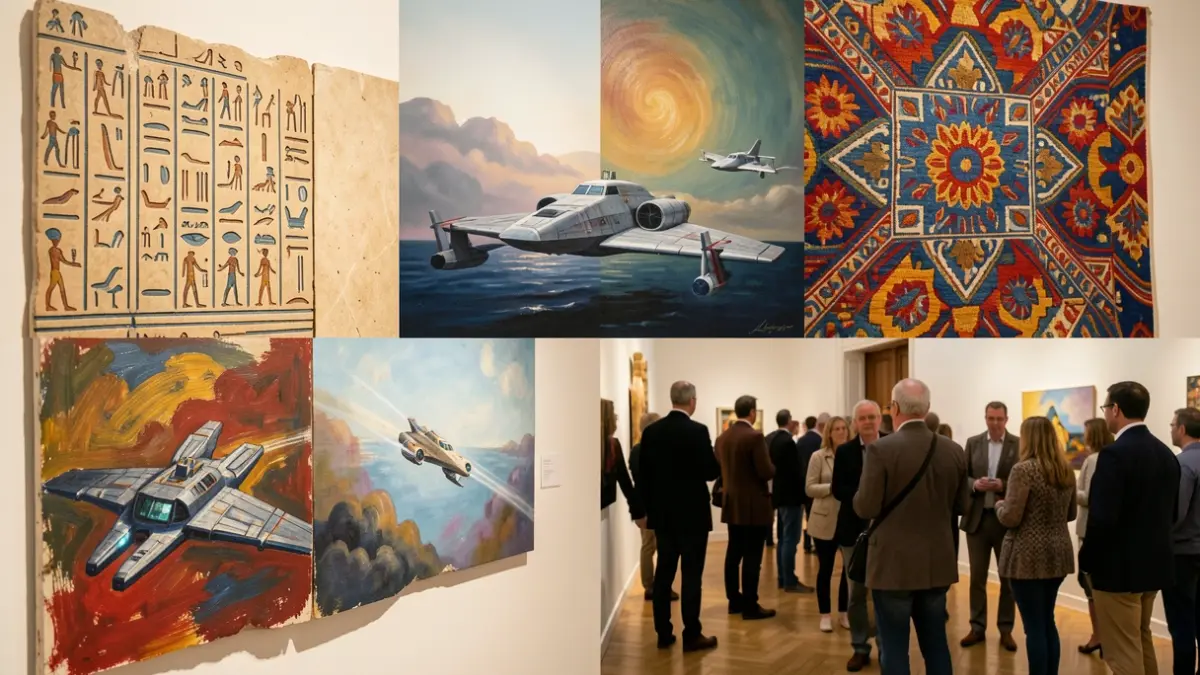 Collage of artistic elements representing various cultural exhibitions in Madrid.
