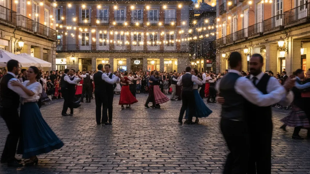 Image of people dancing at an outdoor festival during the San Isidro Festivities in Madrid.