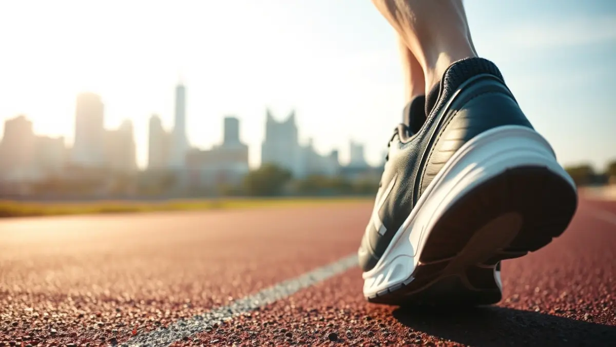 Imagen genérica de una zapatilla de running en una pista de asfalto con un fondo urbano borroso.