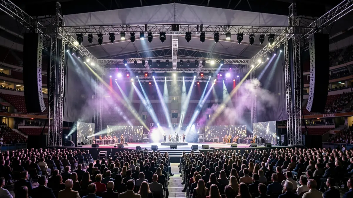Stage prepared in a large stadium for a large-scale event.
