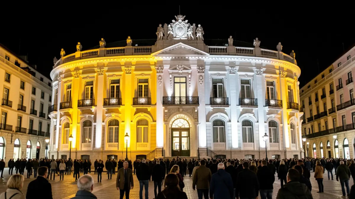 Fachada de la Real Casa de Correos iluminada con los colores del Vaticano.