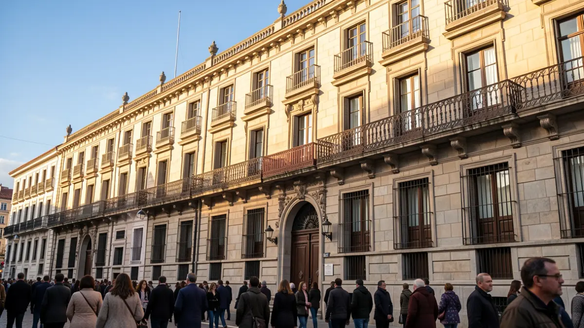 Facade of an institutional building in Madrid decorated for an official event.