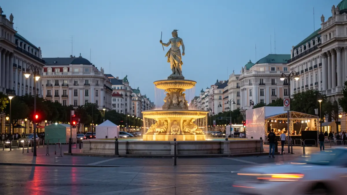 Imagen de la Plaza de Cibeles en Madrid con estructuras temporales para un evento y tráfico nocturno.
