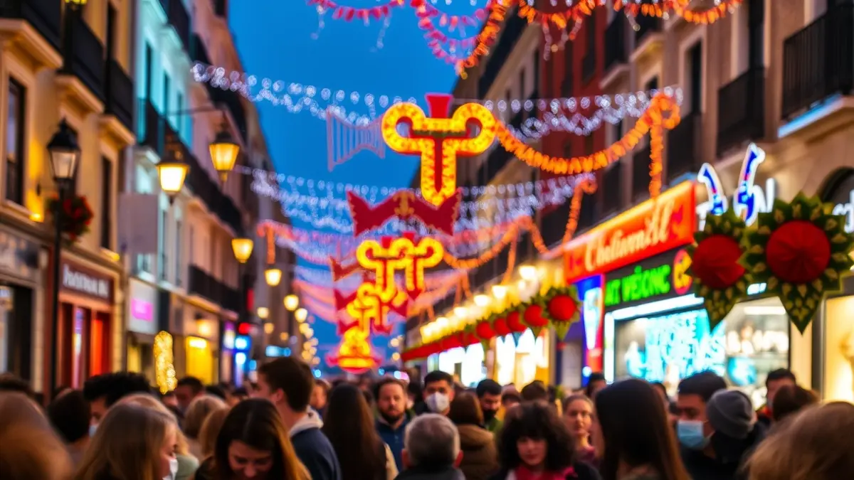 Image of a festive atmosphere in the streets of Madrid during a celebration.