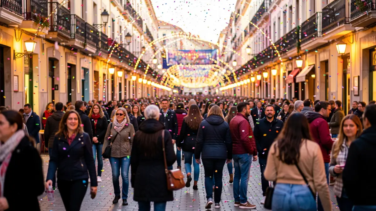 Generic image of a festive celebration in Madrid with crowds and lights.