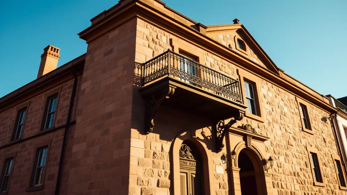 Facade of an institutional building with a balcony and iron railings, under the afternoon sun.