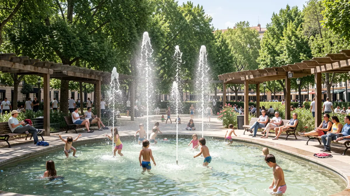 Generic image of water jets in a Madrid park to cool off from the heat.