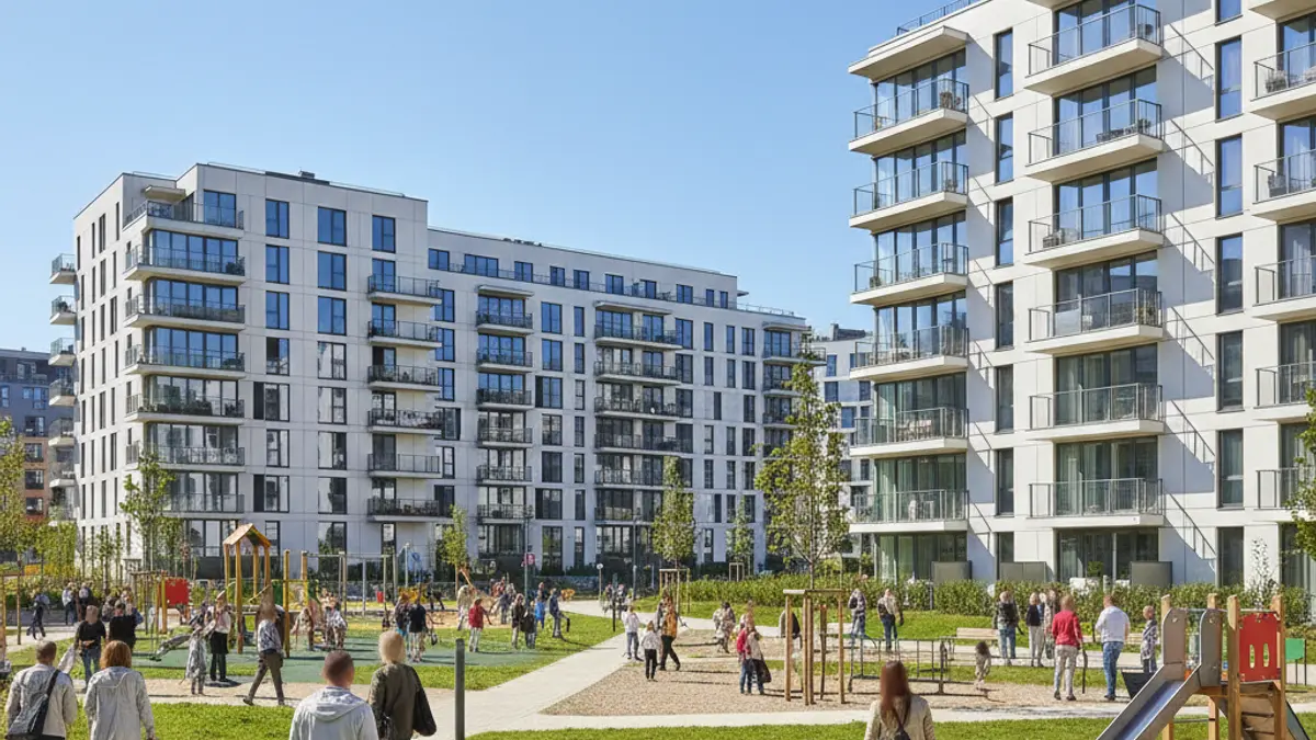 Imagen genérica de edificios residenciales modernos con zonas verdes.
