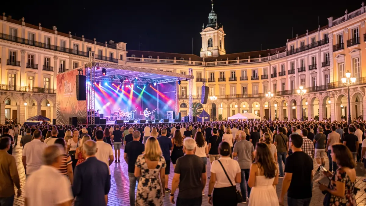 Imagen de la Plaza Mayor de Madrid durante un concierto nocturno con luces y público.