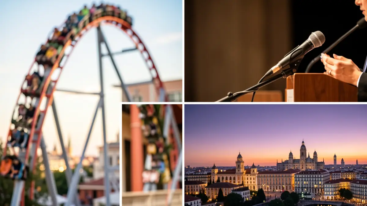 Montage of images representing Madrid's diverse activities: a roller coaster, a microphone, and the city skyline.