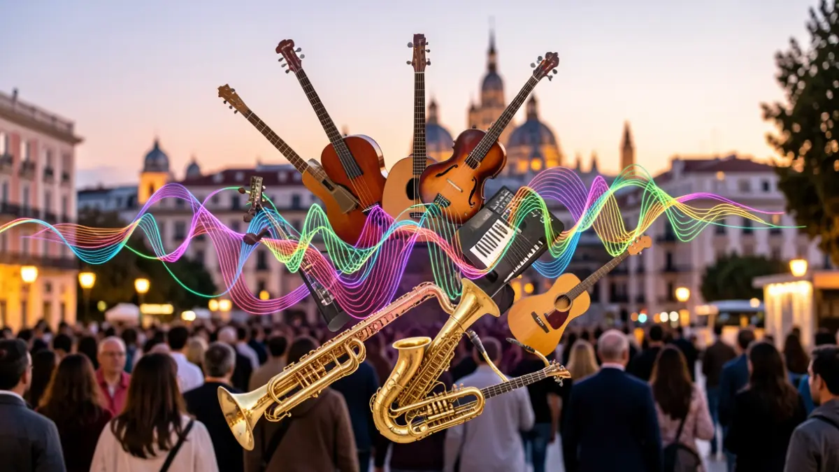 Generic image of musical instruments and sound waves with the Madrid skyline at dusk.