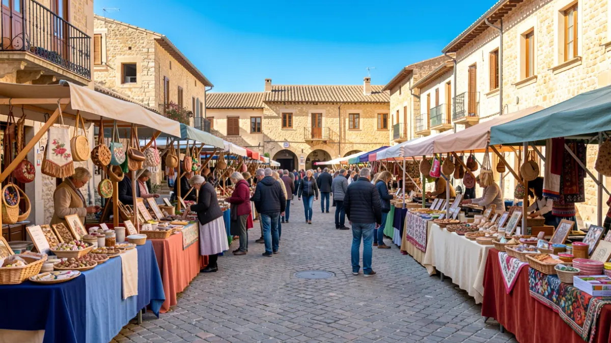 Generic image of an outdoor rural market with craft and gastronomy stalls.