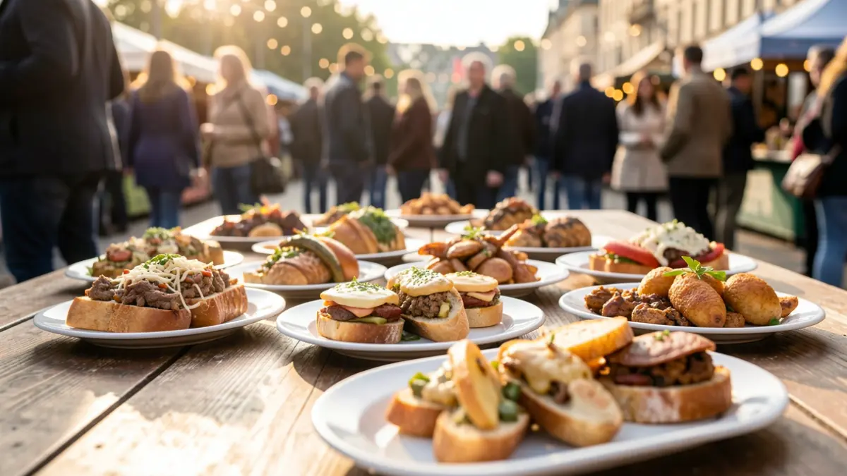 Imagen de diversas propuestas gastronómicas en un festival al aire libre.