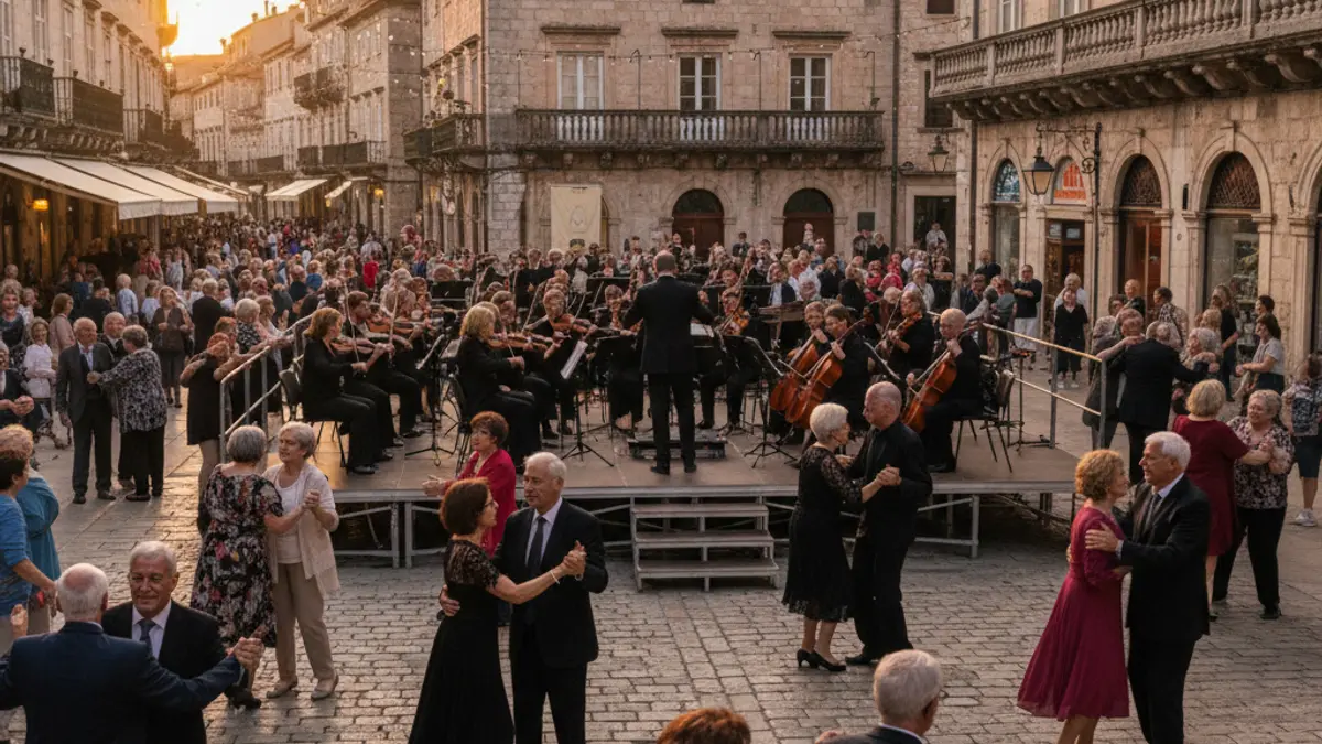 Image of elderly people dancing in a pedestrian street with live music.