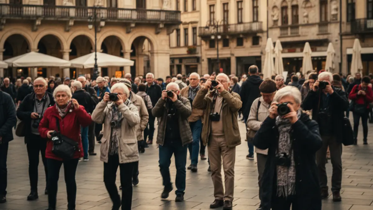 Image of elderly people participating in a photographic scavenger hunt in an urban setting.
