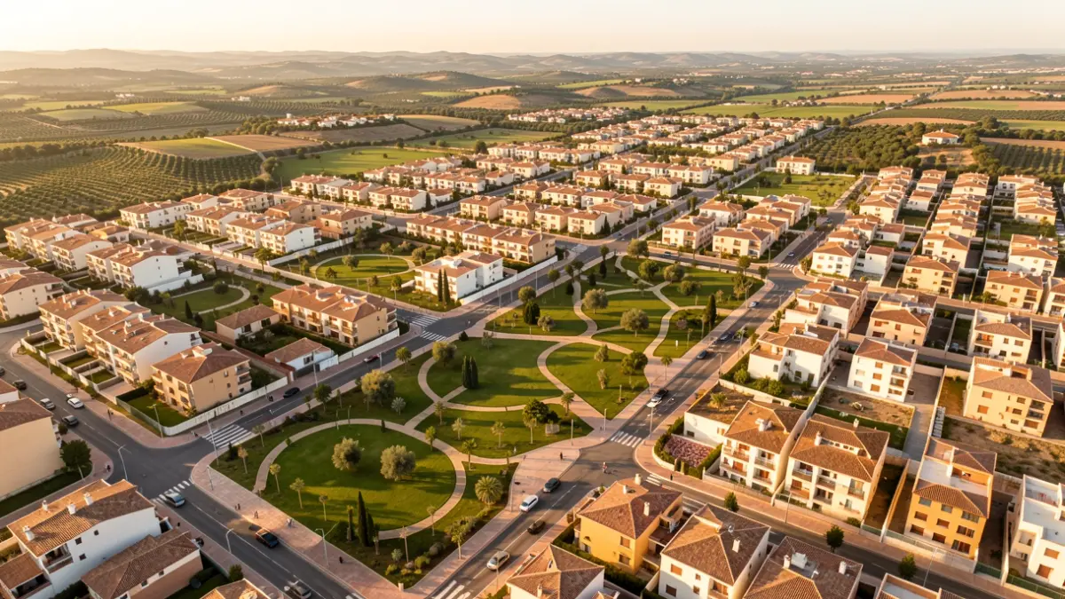 Vista aérea de una zona residencial moderna con parques y calles organizadas.