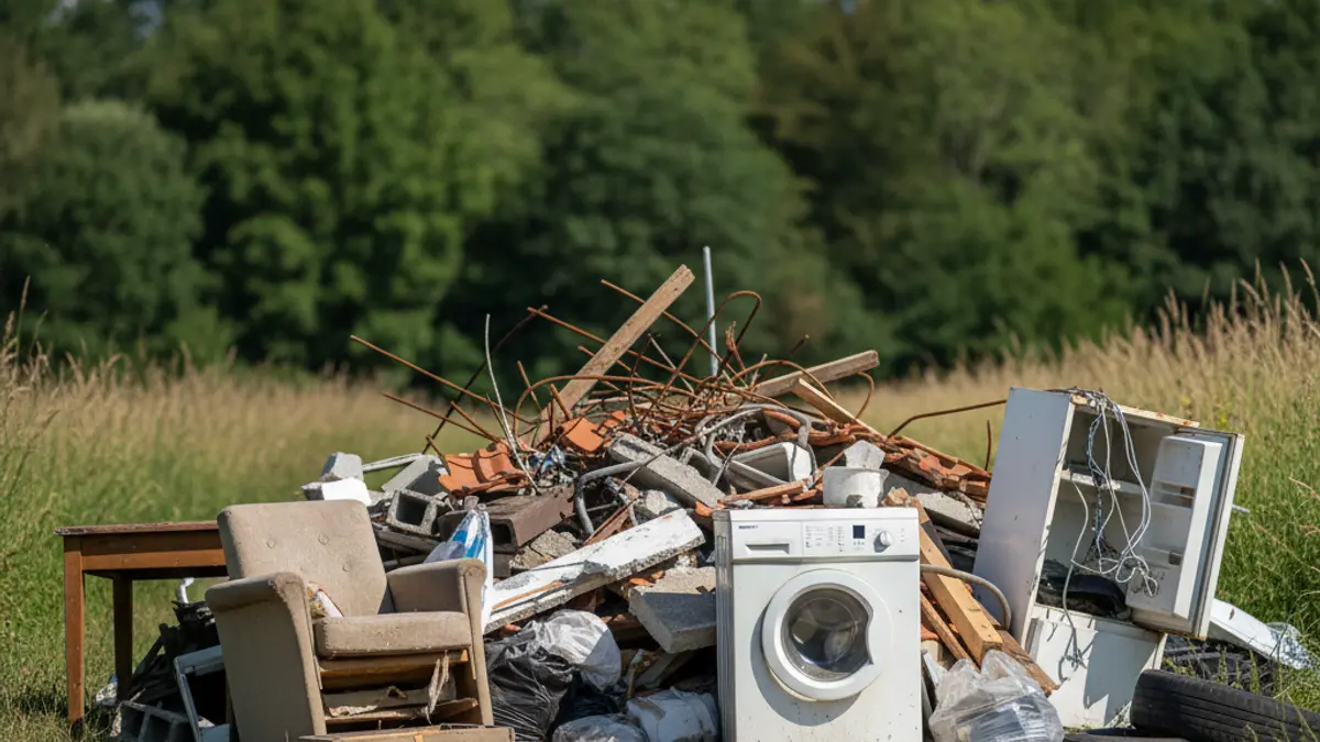 Image of illegal dumping on a rural path, with abandoned debris and appliances.