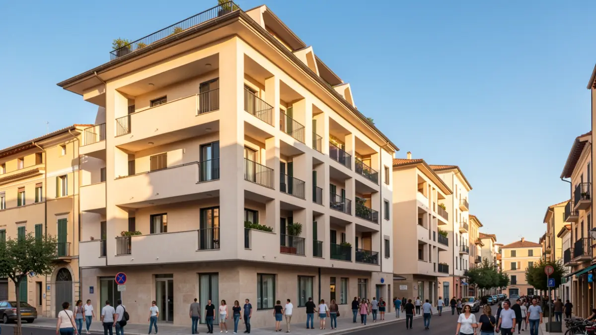 Fachada de un edificio residencial moderno en un entorno urbano.