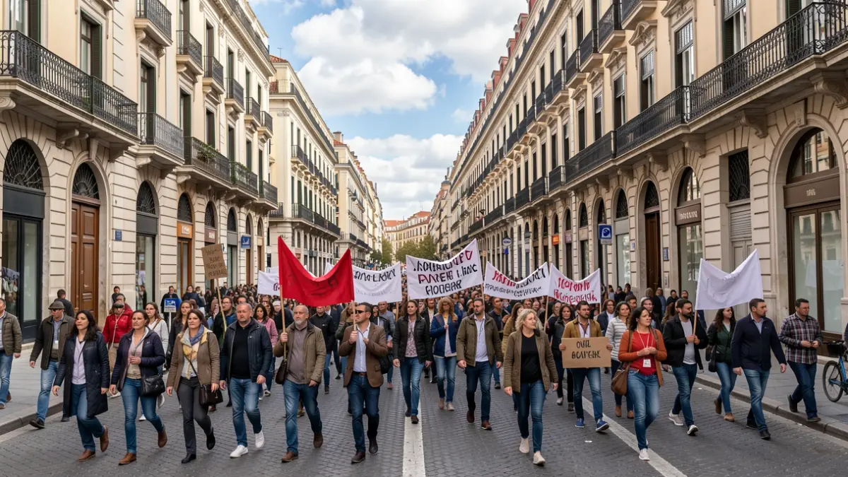 Generic image of a protest in Madrid with banners and people marching through the city center.