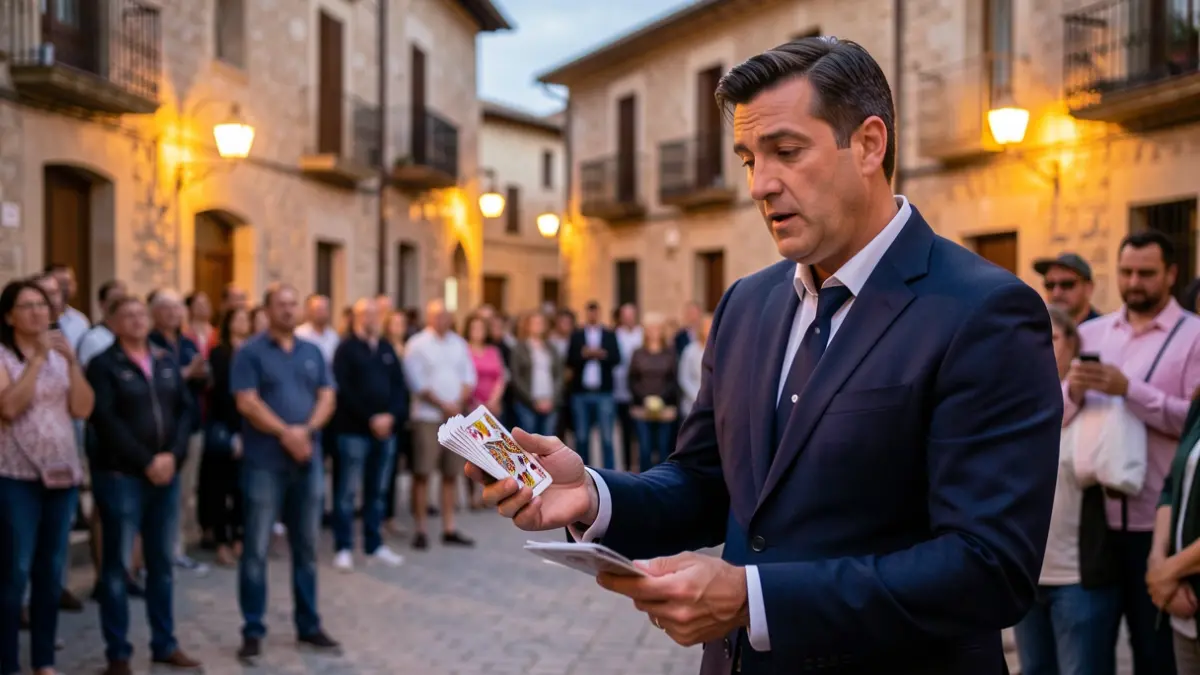 Generic image of a street magic performance in a Spanish square at dusk.