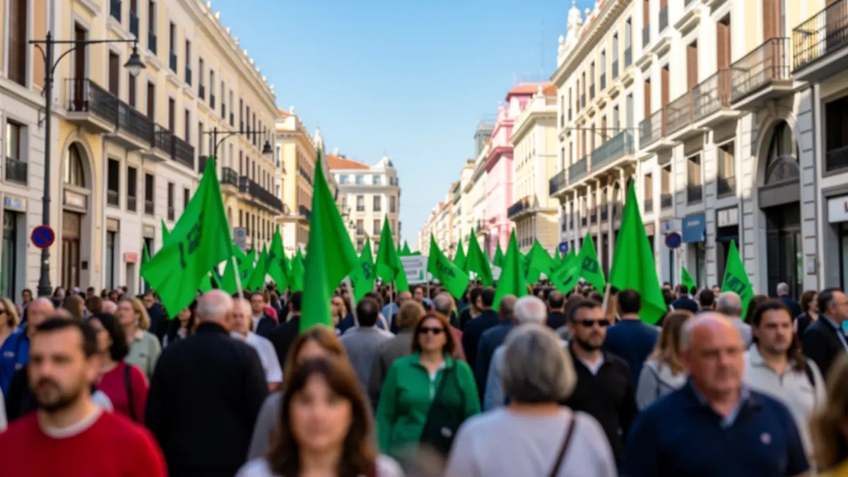 Generic image of a demonstration in Madrid with green banners.
