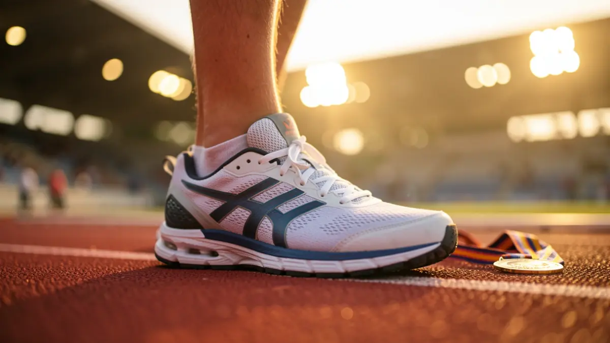 Primer plano de una zapatilla de atletismo en una pista con luces de estadio desenfocadas.
