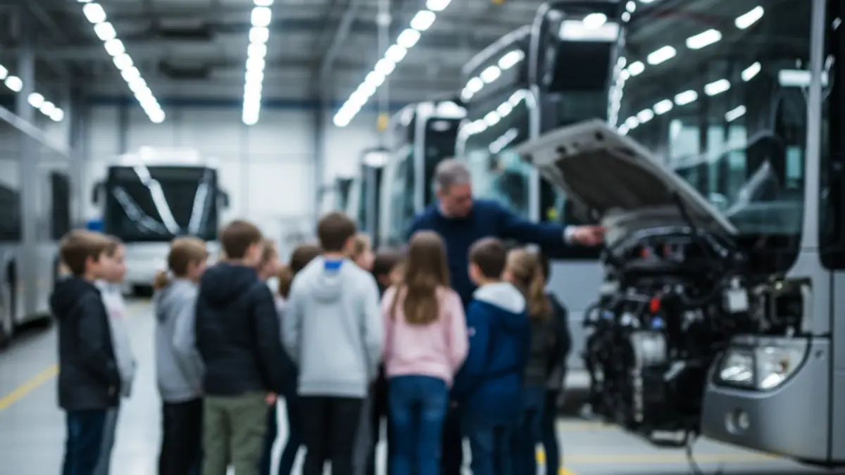 Image of schoolchildren visiting a bus operations center.