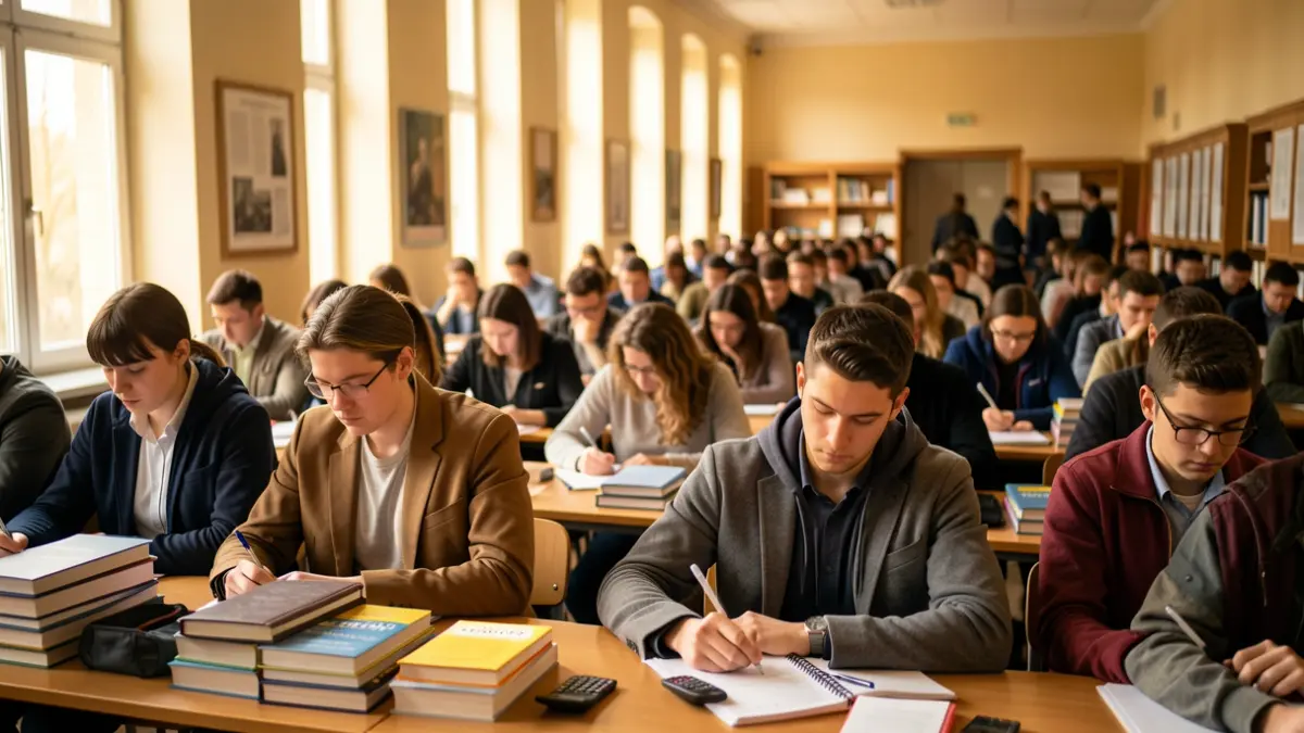 Imagen de estudiantes concentrados realizando exámenes en un aula universitaria.