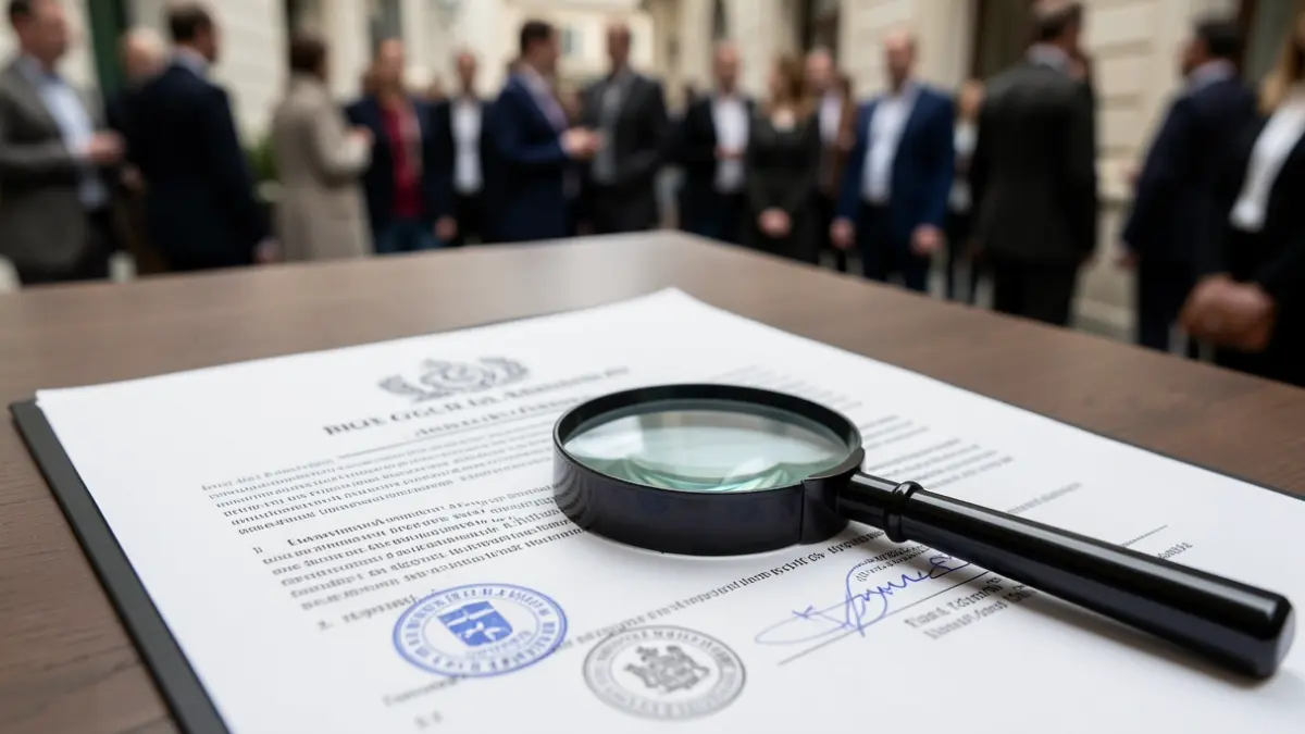 Documento legal con sellos y lupa, indicando advertencias municipales.
