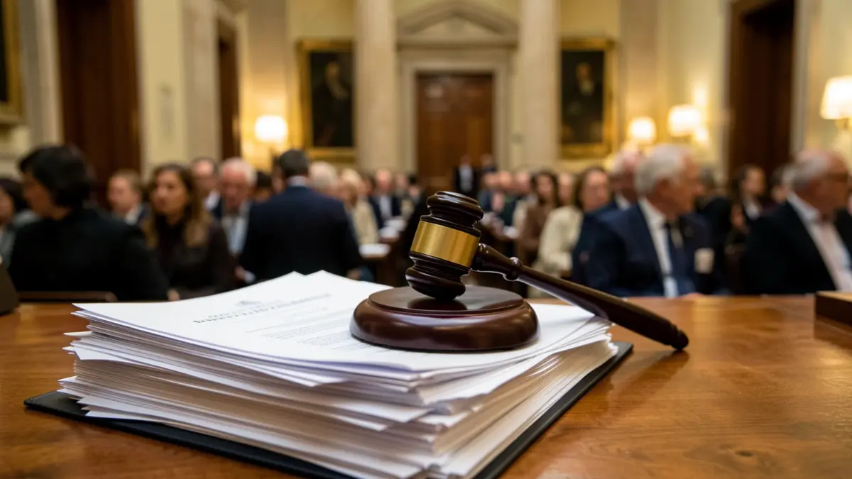 Generic image of a judge's gavel on legal documents with the Asamblea de Madrid in the background.