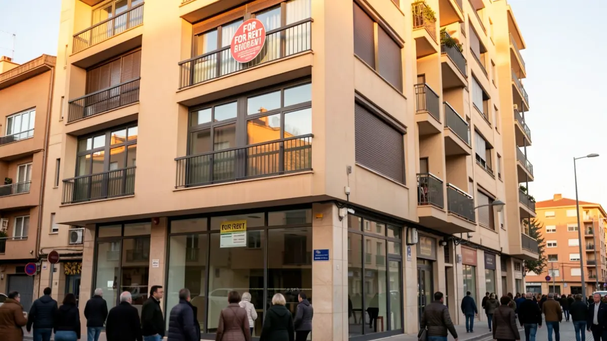 Facade of an apartment building in Getafe with a 'For Rent' sign.