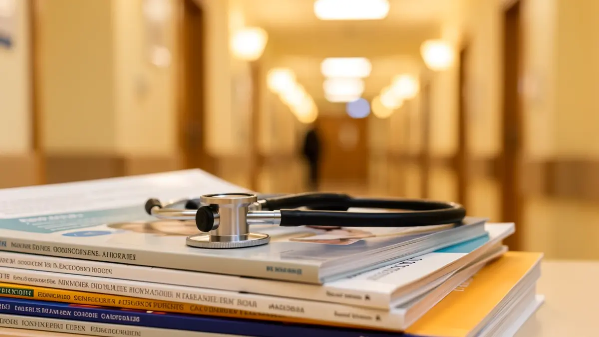 Imagen genérica de un estetoscopio sobre libros médicos con un pasillo de hospital desenfocado.